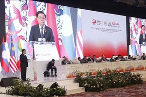 NA Chairman Vuong Dinh Hue addresses the first plenary session of the 44th AIPA General Assembly in Jakarta, Indonesia, in August 2023. (Photo: VNA)