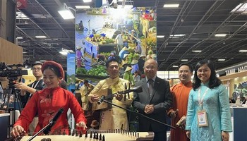 A traditional musical instrument performance at the Vietnam pavilion. (Photo: VNA)