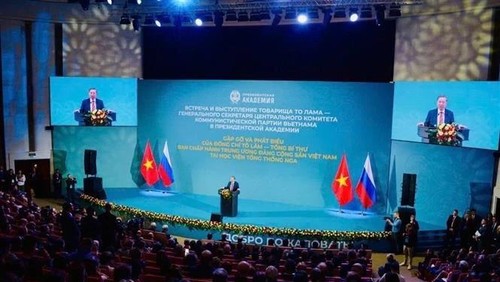Party General Secretary To Lam delivers a speech at the Russian Presidential Academy of National Economy and Public Administration (RANEPA) in Moscow on May 10. (Photo: VNA)
