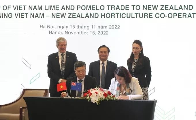 The signing of a document ></span><em>The signing of a document on the implementation of a plan to export Vietnam’s lime and pomelo to New Zealand. (Photo: danviet.vn)</em></p>
<div class=