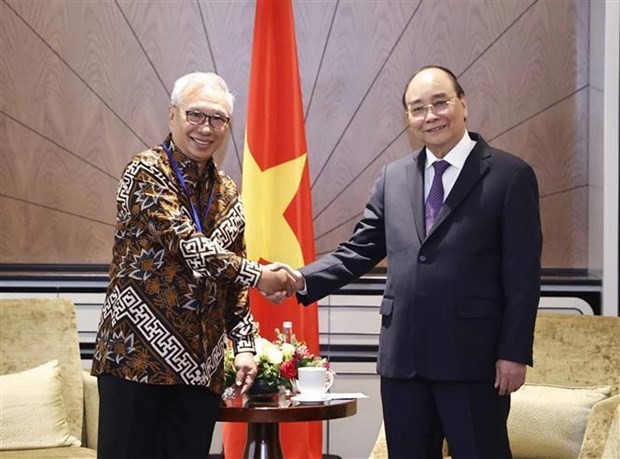 President Nguyen Xuan Phuc (R) receives Budiarsa Sastrawinata, President of the Indonesia - Vietnam Friendship Association. (Photo: VNA)