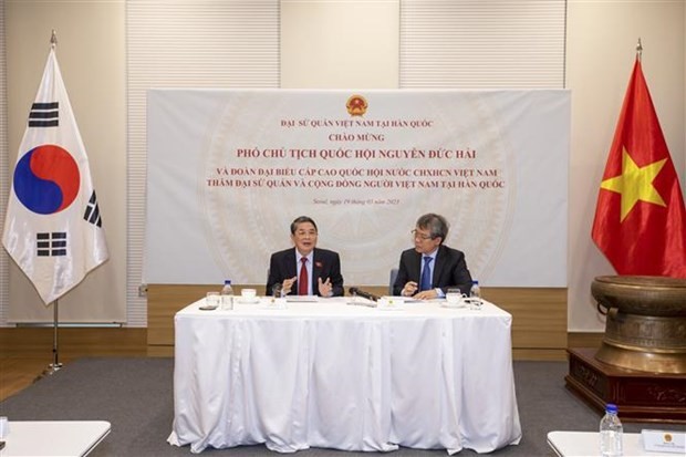 NA Vice Chairman Nguyen Duc Hai (L) speaks at the meeting with the staff of the Vietnamese Embassy and representatives of the Vietnamese community in the RoK on March 19. (Photo: VNA)