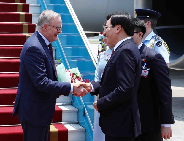 Australian Prime Minister Anthony Albanese (left) is welcomed at the Noi Bai International Airport by Minister – Chairman of the Vietnamese Government Office Tran Van Son. (Photo: VNA) 
