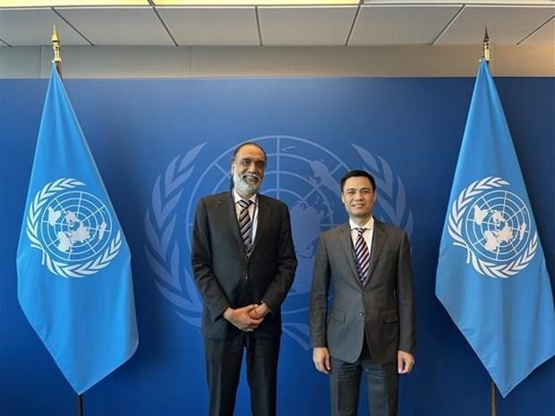 Dang Hoang Giang (R), Permanent Representative of Vietnam to UN, and Amandeep Singh Gill, UN Under-Secretary-General and Secretary-General’s Envoy on Technology (Photo: VNA)