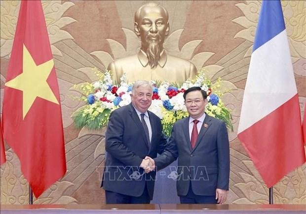 National Assembly Chairman Vuong Dinh Hue (R) and President of the French Senate Gérard Larcher (Photo: VNA)