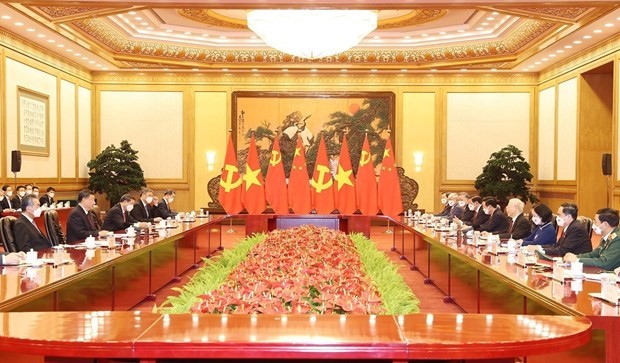 The talks between Vietnamese Party General Secretary Nguyen Phu Trong and Party General Secretary and President of China Xi Jinping on the occasion of the Vietnamese leader's official visit to China from October 30 to November 1, 2022 (Photo: VNA)