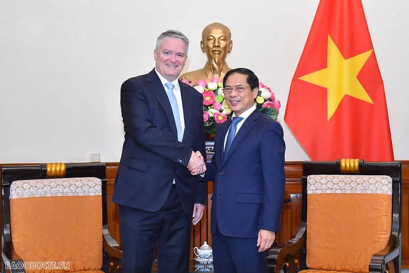 Foreign Minister Bui Thanh Son (R) receives Secretary General of the OECD Mathias Cormann (Photo: baoquocte.vn)
