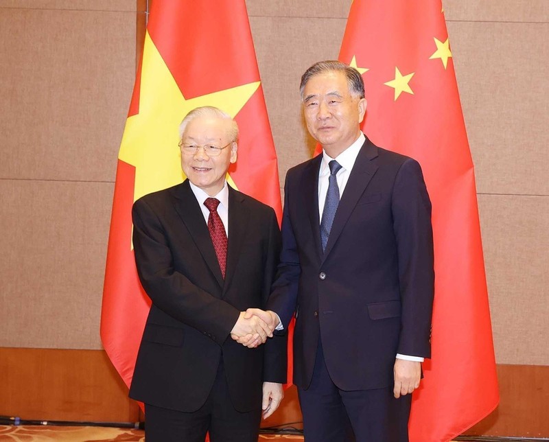 Party General Secretary Nguyen Phu Trong (L) and Chairman of the Chinese People's Political Consultative Conference (CPPCC) National Committee Wang Yang. (Photo: VNA)