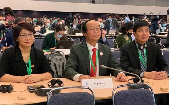 Deputy Minister of Environment and Natural Resources Vo Tuan Nhan (centre) and other members of the Vietnamese delegation at the meeting (Photo: VNA)