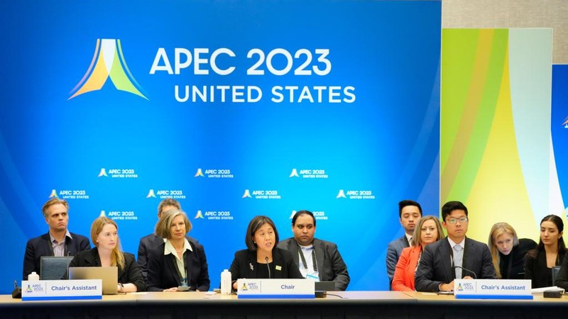 US Trade Representative Katherine Tai (C, Front) speaks at the 2023 APEC Ministers Responsible for Trade (MRT) Meeting in Detroit, the US, on May 25, 2023. (Photo: Xinhua)