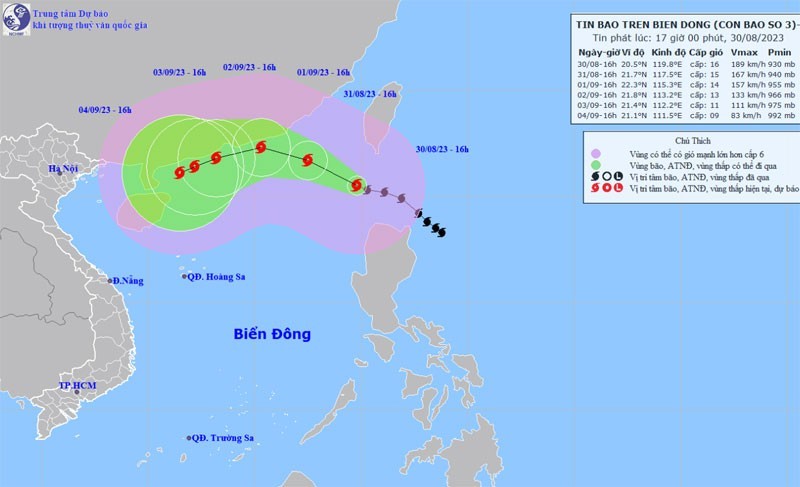 The movement direction of Typhoon Saola on August 30th. (Photo: nchmf.gov.vn)