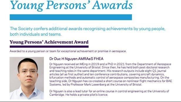 Dr. Nguyen Huyen Duc granted the Young Persons’ Achievement Award 2022 by the UK’s Royal Aeronautical Society. (Source: VietnamPlus)