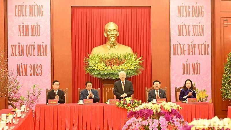 Party General Secretary Nguyen Phu Trong and other senior officials at the meeting (Photo: NDO)