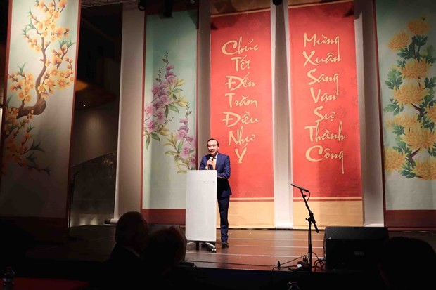 Vietnamese Ambassador to Belgium and Luxembourg Nguyen Van Thao delivers a speech at the Tet celebration ceremony on January 22. (Photo: Huong Giang/Vietnam+)