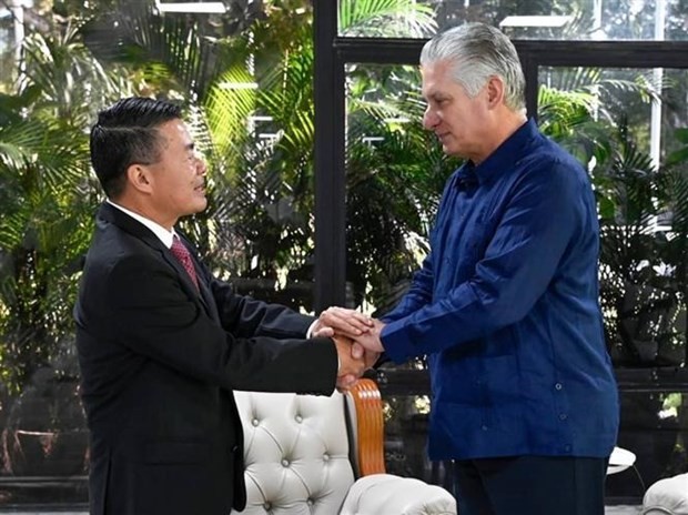 First Secretary of the Communist Party of Cuba Central Committee and President of Cuba Miguel Díaz-Canel (R) and outgoing Vietnamese Ambassador Le Thanh Tung at their meeting in Havana on November 18. (Photo: VNA)