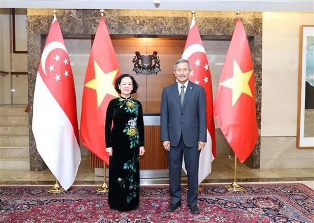 Politburo member Truong Thi Mai and Singaporean Minister for Foreign Affairs Vivian Balakrishnan. (Photo: VNA)