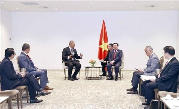 NA Chairman Vuong Dinh Hue at his meeting with leaders Fiso Investment Group and Viet River Holdings Limited. (Photo: VNA)