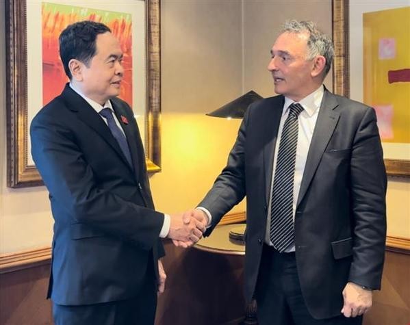 Politburo member and Permanent Vice Chairman of the National Assembly Tran Thanh Man (L) meets Secretary General of the Communist Party of Spain (PCE) Enrique Santiago in Madrid (Photo: VNA)