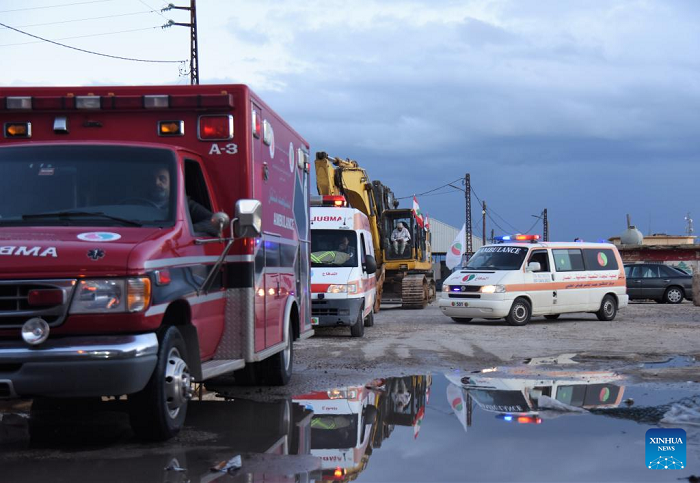 A convoy of rescue vehicles prepares to enter Syria through the Arida border crossing in northern Lebanon to provide assistance for the earthquake-stricken Syrian city of Latakia, on Feb. 8, 2023. (Photo: Xinhua)