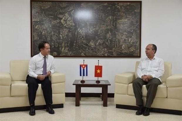 Deputy Minister of Home Affairs and Chairman of the Government Committee for Religious Affairs Vu Chien Thang (left) in his meeting with Caridad Diego Bello, head of the Cuban Communist Party (CCP)’s Office of Religious Affairs. (Photo: VNA)