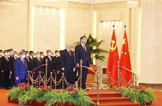 At the welcome ceremony for General Secretary of the Communist Party of Vietnam (CPV) Nguyen Phu Trong on his official visit to China. (Photo: VNA)
