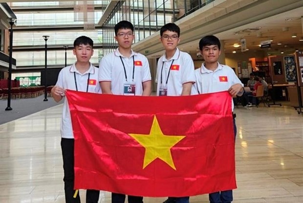 The four Vietnamese students competing at the International Olympiad in Informatics 2023. From left: Nguyen Duc Thang, Nguyen Quang Minh, Nguyen Ngoc Dang Khoa, and Tran Xuan Bach. (Photo: MoET)