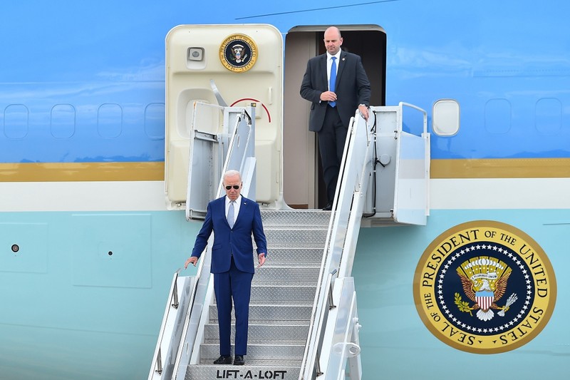 US President Joe Biden walks down the steps of Air Force One as he arrives in Hanoi, officially starting his State visit to Vietnam at the invitation of Party General Secretary Nguyen Phu Trong.
