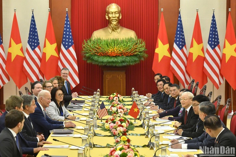 Party General Secretary Nguyen Phu Trong holds talks with US President Joe Biden in Hanoi on September 10. (Photo: NDO/Dang Khoa)