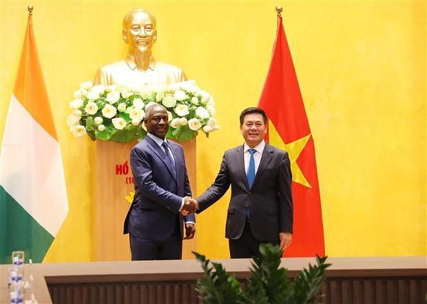 Minister of Industry and Trade Nguyen Hong Dien (R) meets with President of Côte d’Ivoire’s National Assembly Adama Bictogo in Hanoi on June 15. (Photo: VNA)