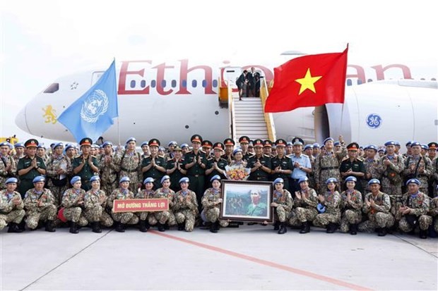 The see-off ceremony for Engineering Unit Rotation No 2 of Vietnam for the UN peacekeeping mission in the UN Interim Security Force for Abyei at Noi Bai International Airport on August 8, 2023. (Photo: VNA)