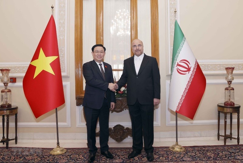 Vietnamese NA Chairman Vuong Dinh Hue (L) and Speaker of the Iranian Parliament Mohammad Baqer Qalibaf at their meeting in Tehran on August 8 (Photo: VNA)