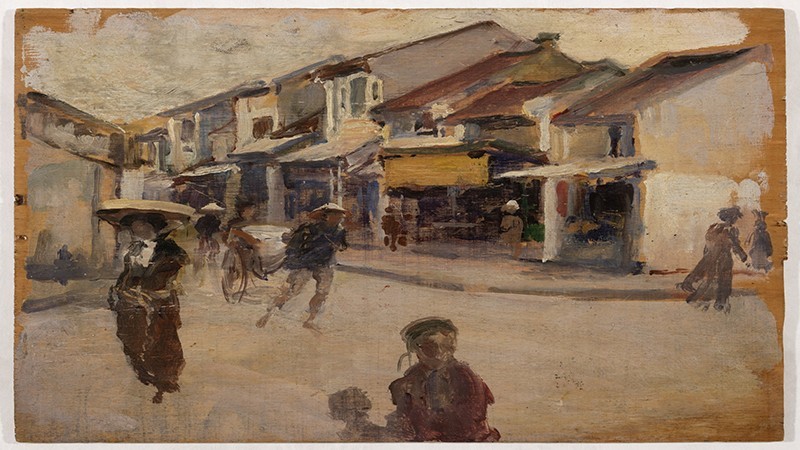 “A Hanoi street corner” is an oil painting on board by Victor Tardieu.