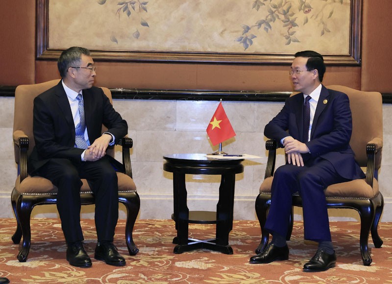 Vietnamese President Vo Van Thuong (R) and Chairman of Huawei Liang Hua at their meeting in Beijing on October 19. (Photo: VNA)