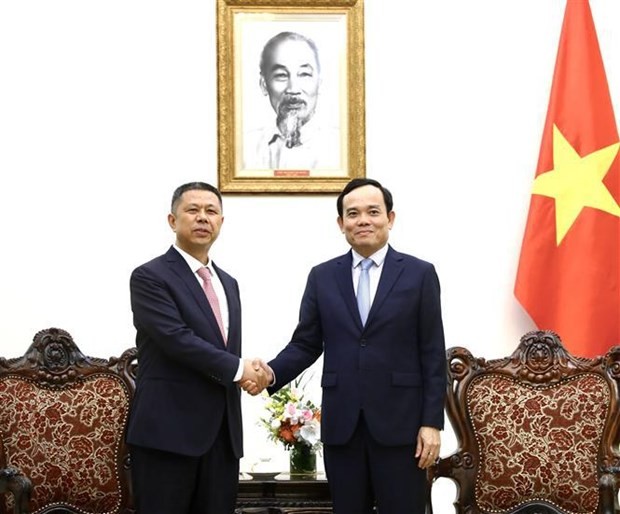 Deputy Prime Minister Tran Luu Quang (right) and founder and Chairman of the Trina Solar Group Gao Jifan. (Photo: VNA)