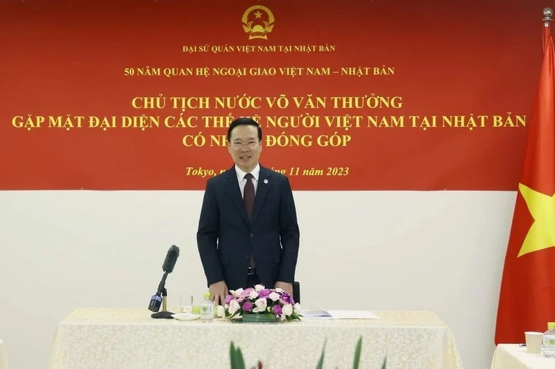 President Vo Van Thuong speaks at the meeting with representatives of Vietnamese community in Japan. (Photo: VNA)