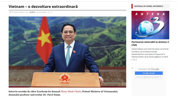 Screenshot of Prime Minister Pham Minh Chinh's interview granted to Romanian media (Photo: VNA)