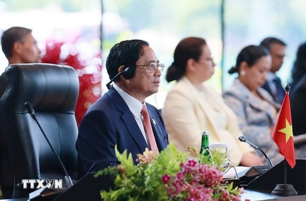 Prime Minister Pham Minh Chinh (first left) attends the dialogue between ASEAN leaders and youths in Labuan Bajo, Indonesia, on May 10. (Photo: VNA) 