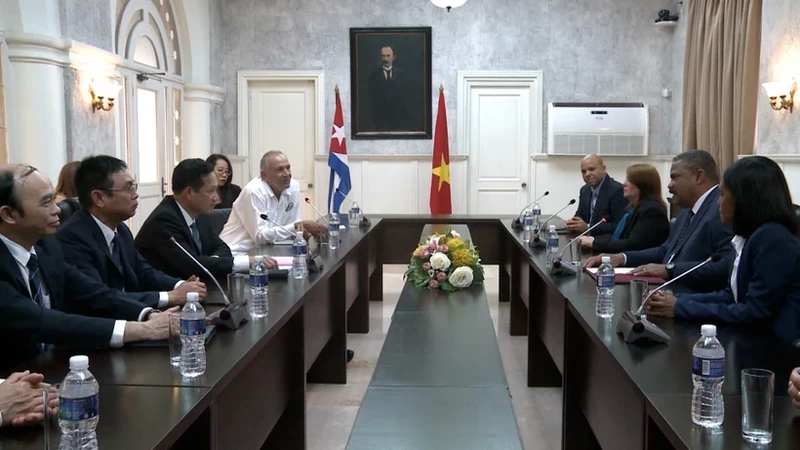 A delegation from the Supreme People’s Court led by its Deputy Chief Justice Nguyen Van Tien holds a working session with Chief Justice of the Supreme People's Court of Cuba Rubén Remigio Ferro (Photo: VNA) 