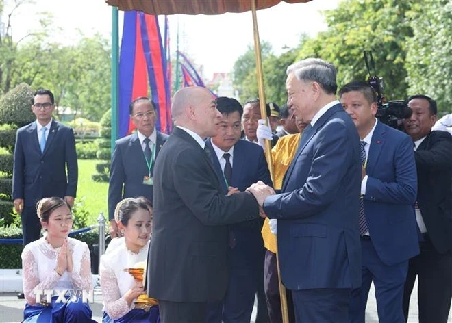 Cambodian King Norodom Sihamoni (left) welcomes Vietnamese President To Lam at the Royal Palace in Phnom Penh on July 12. (Photo: VNA) 