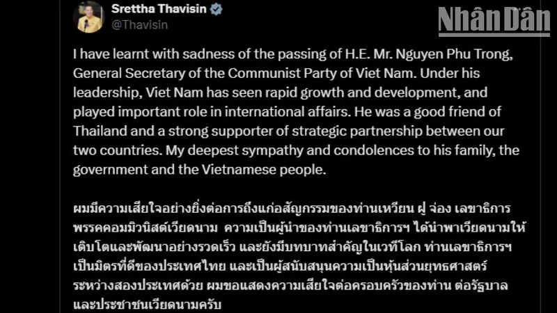 A screenshot of Thai Prime Minister Srettha Thavisin's X social media account.