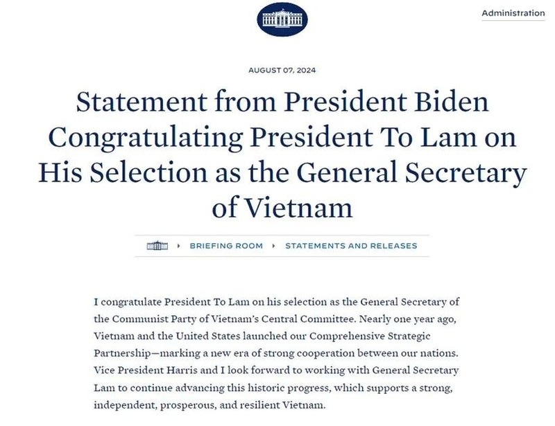 The White House's website publishes a congratulatory statement from US President Joe Biden to Vietnamese President To Lam on his election as the General Secretary of the Communist Party of Vietnam Central Committee. (Photo: Screenshot) 