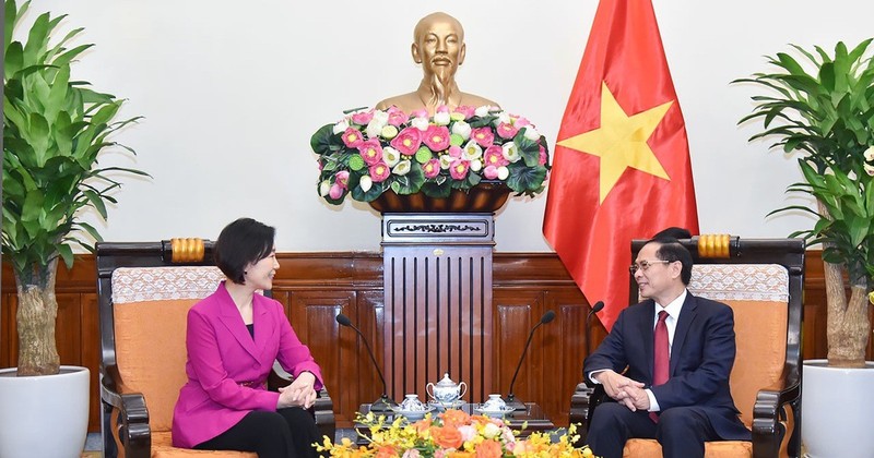 Deputy Prime Minister and Minister of Foreign Affairs Bui Thanh Son (R) Korean Minister of Small- and Medium-sized Enterprises and Startups Oh Young-joo at their meeting in Hanoi on August 29. (Photo: VNA)