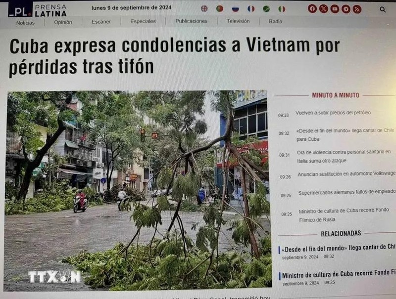 Prensa Latina e-newspaper publishes the message of condolences from Cuban President Miguel Díaz-Canel. (Screenshot: VNA) 