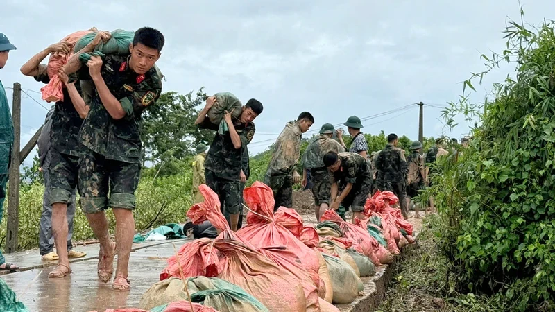 Officers and soldiers participate in landslide prevention efforts along the dike line in Mai To Village, Phi Dien Commune, Luc Ngan District, Bac Giang Province. (Photo: PHAM THINH)