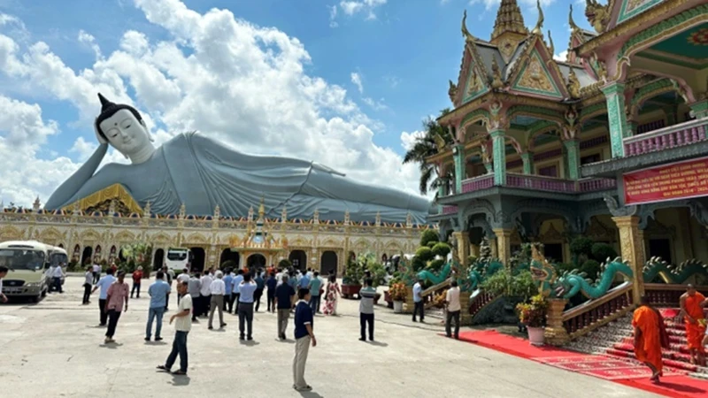 A Theravada (Nam tong) Buddhism Pagoda of the Khmer people in Soc Trang Province is beautifully decorated to welcome the Sene Dolta Festival.