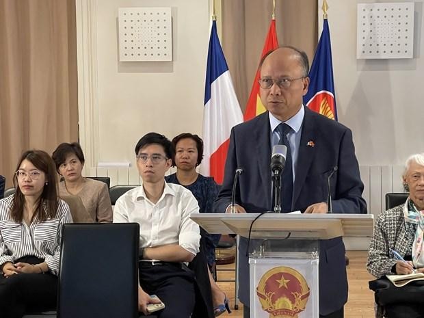 Vietnamese Ambassador to France Dinh Toan Thang speaks at the webinar. (Photo: VNA)