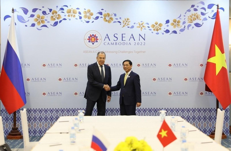 Vietnamese Foreign Minister Bui Thanh Son (R) his Russian counterpart Sergei Lavrov at their meeting in Phnom Penh on November 12 (Photo: VNA)