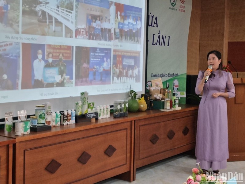 A representative of a business introduces products made from coconut.