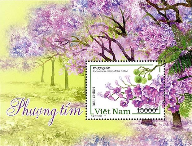 The stamp collection features blooming flowers from fern trees (Jacaranda mimosifolia). (Photo courtesy of Vietnam Post Corporation)