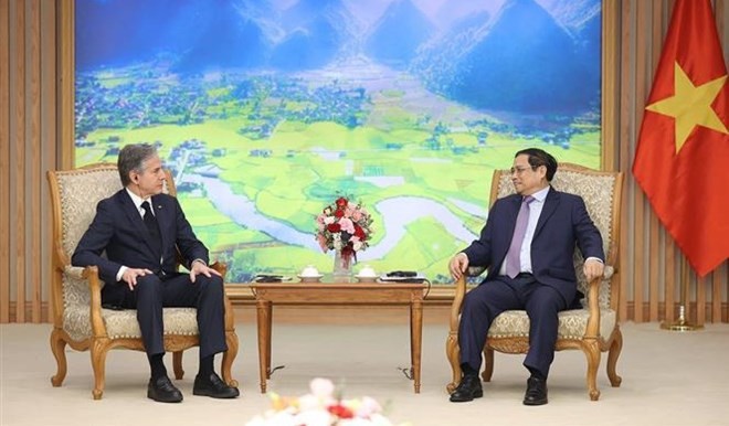 Prime Minister Pham Minh Chinh gives a reception for US Secretary of State Antony Blinken in Hanoi on April 15 (Photo: VNA)